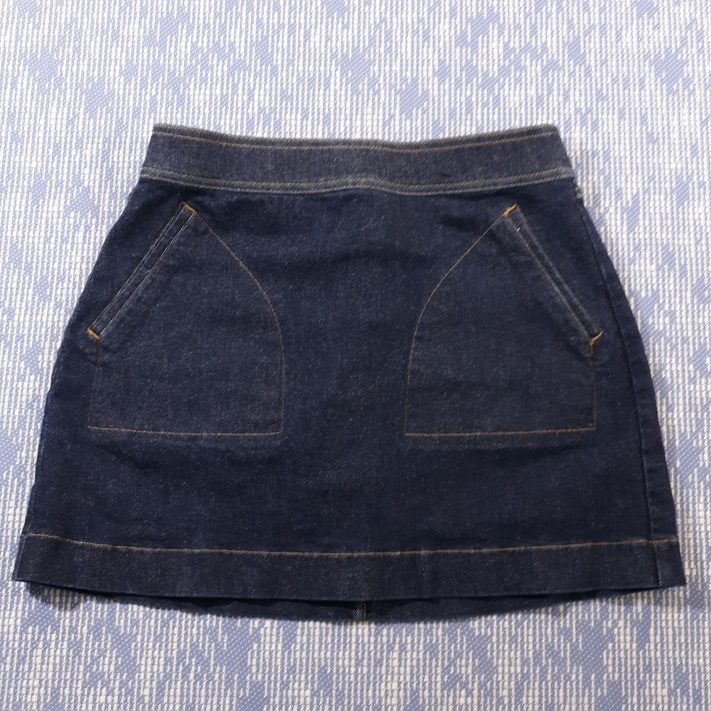 Spanx Denim Skort Skirt Lined Mini Pull On Womens Large Blue Dark Wash Pockets
